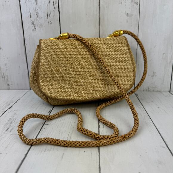 De Veechi Handbags - VTG De Veechi Tan/Gold Neutral Woven Jute Italian Clutch Shoulder Bag Beachy